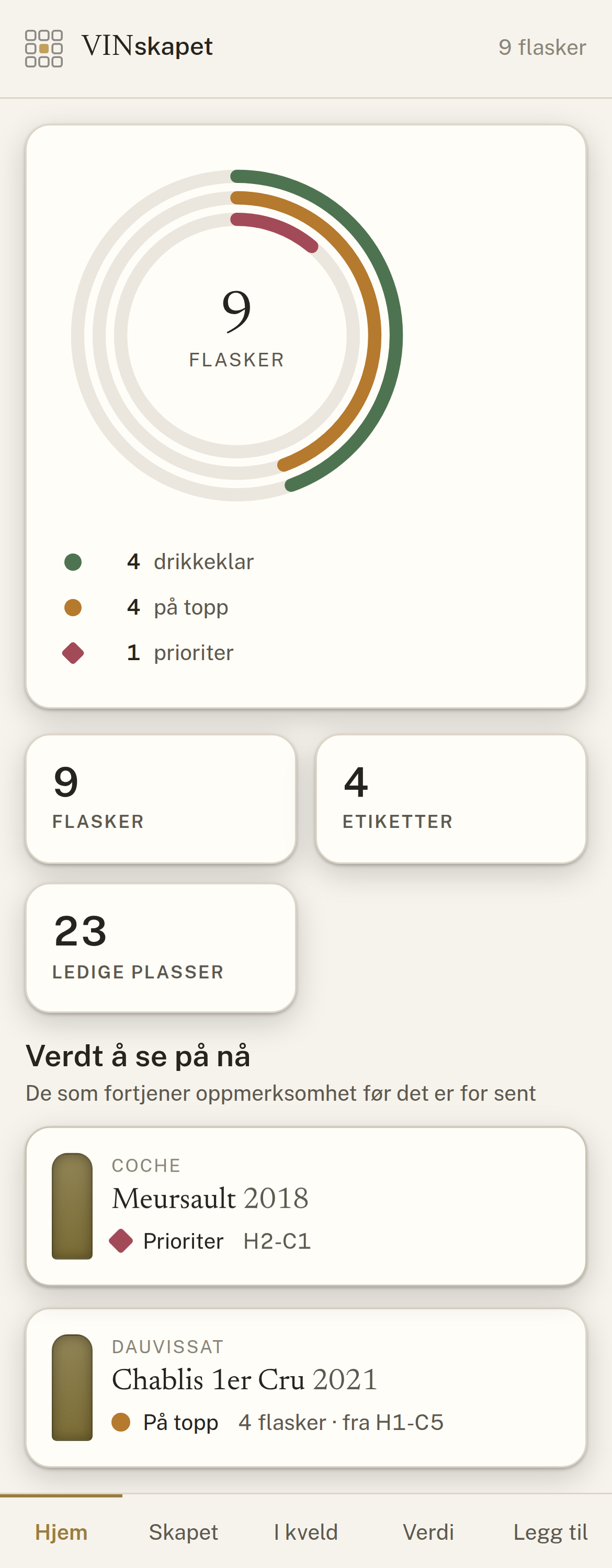 Hjemskjermen i Vinskapet: ringer viser at fire flasker er drikkeklare, fire på topp og én bør prioriteres.